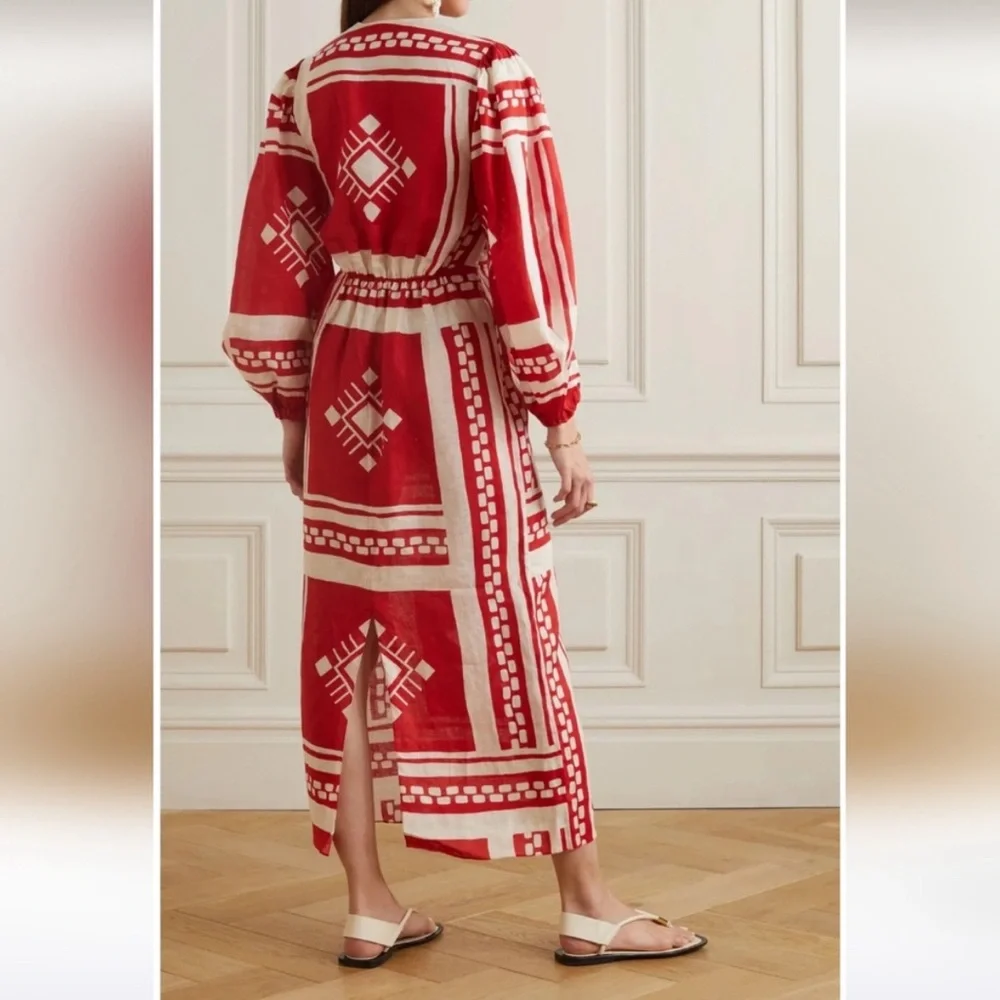 Caroline Constas Sun Goddess Cut Out Maxi Printed linen Dress in Red and… - Picture 4 of 9